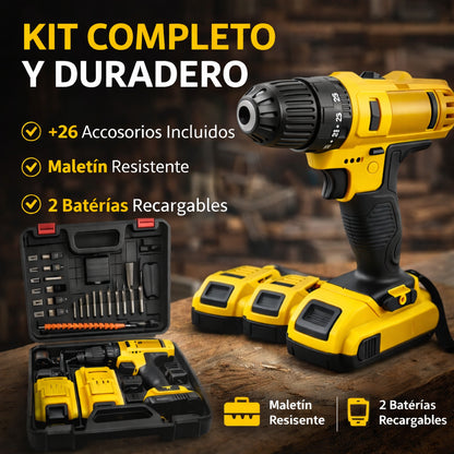 KIT TALADRO INALÁMBRICO + 26 ACCESORIOS + 2 BATERIAS REGALO 🎁